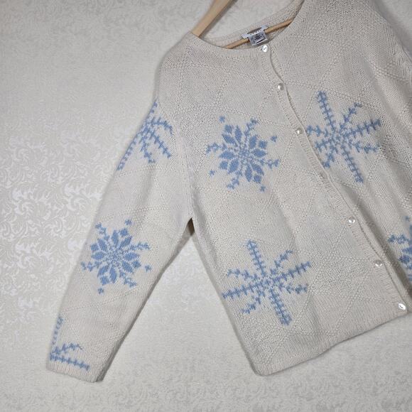 VTG Talbots Lambswool Angora Cardigan 1X Ivory Blue Snowflakes Holiday - Picture 5 of 14